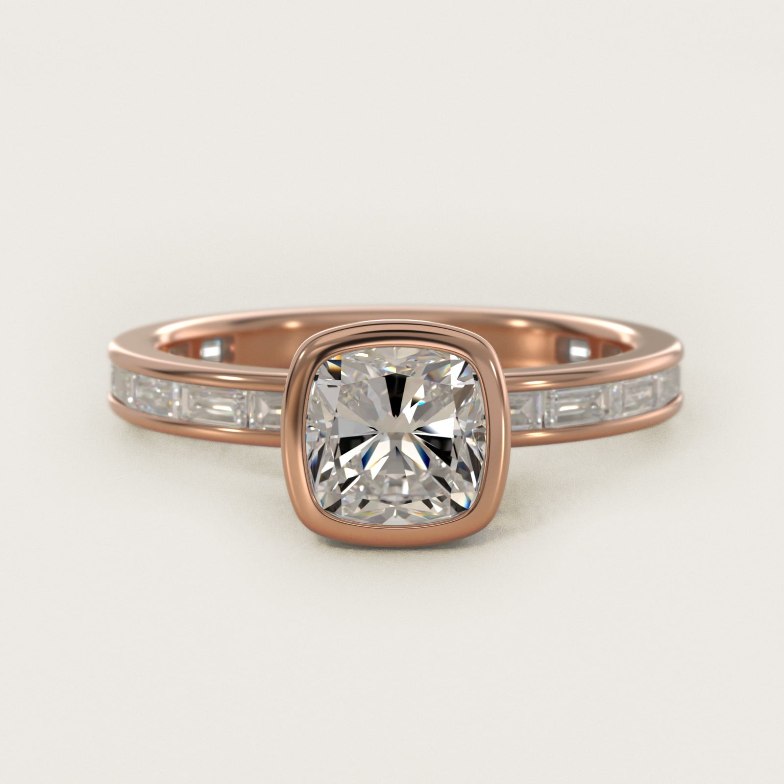 Bezel Engagement Ring with Channel Set Diamond Accent in 18k Rose Gold - Cushion Center