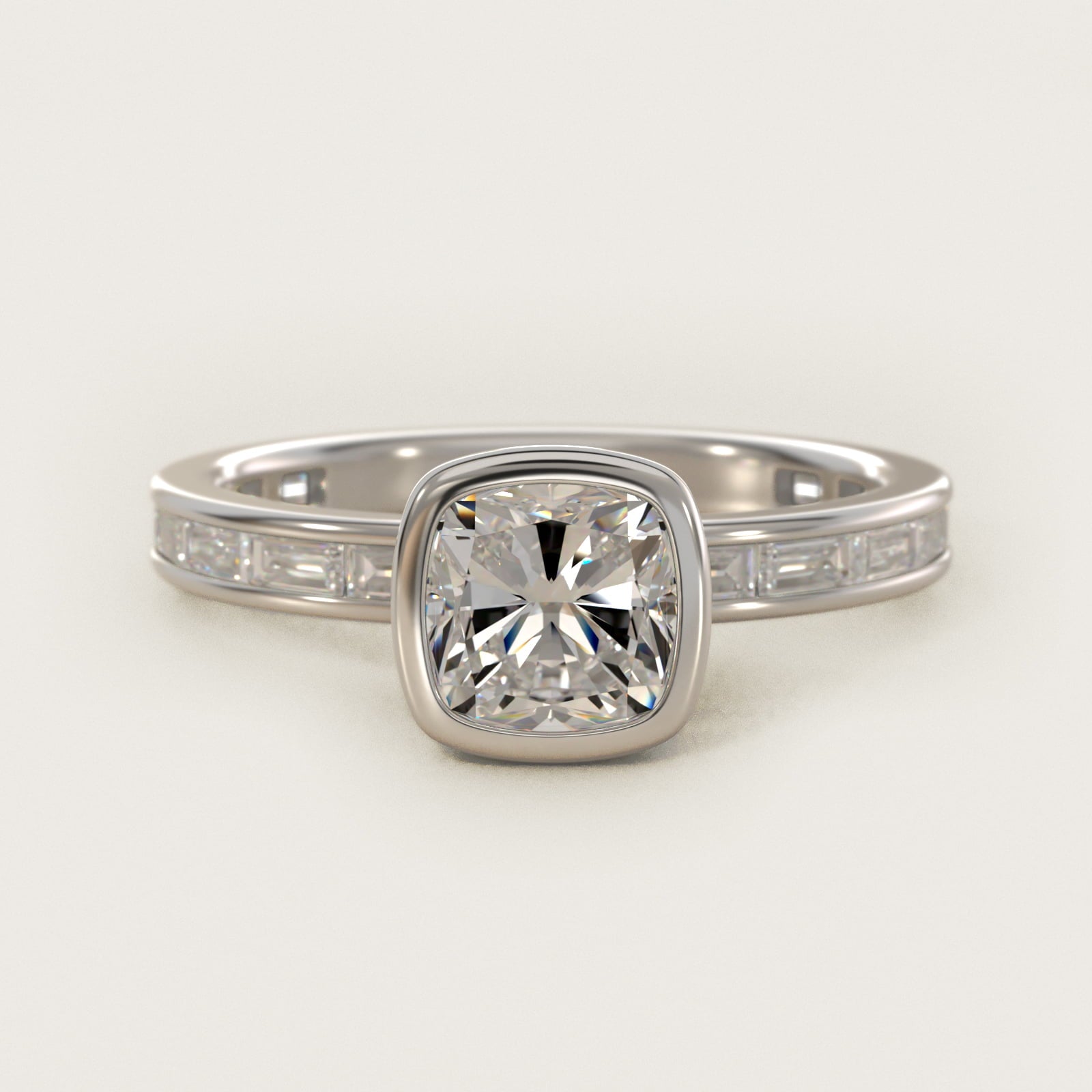 Bezel Engagement Ring with Channel Set Diamond Accent in 18k White Gold - Cushion Center