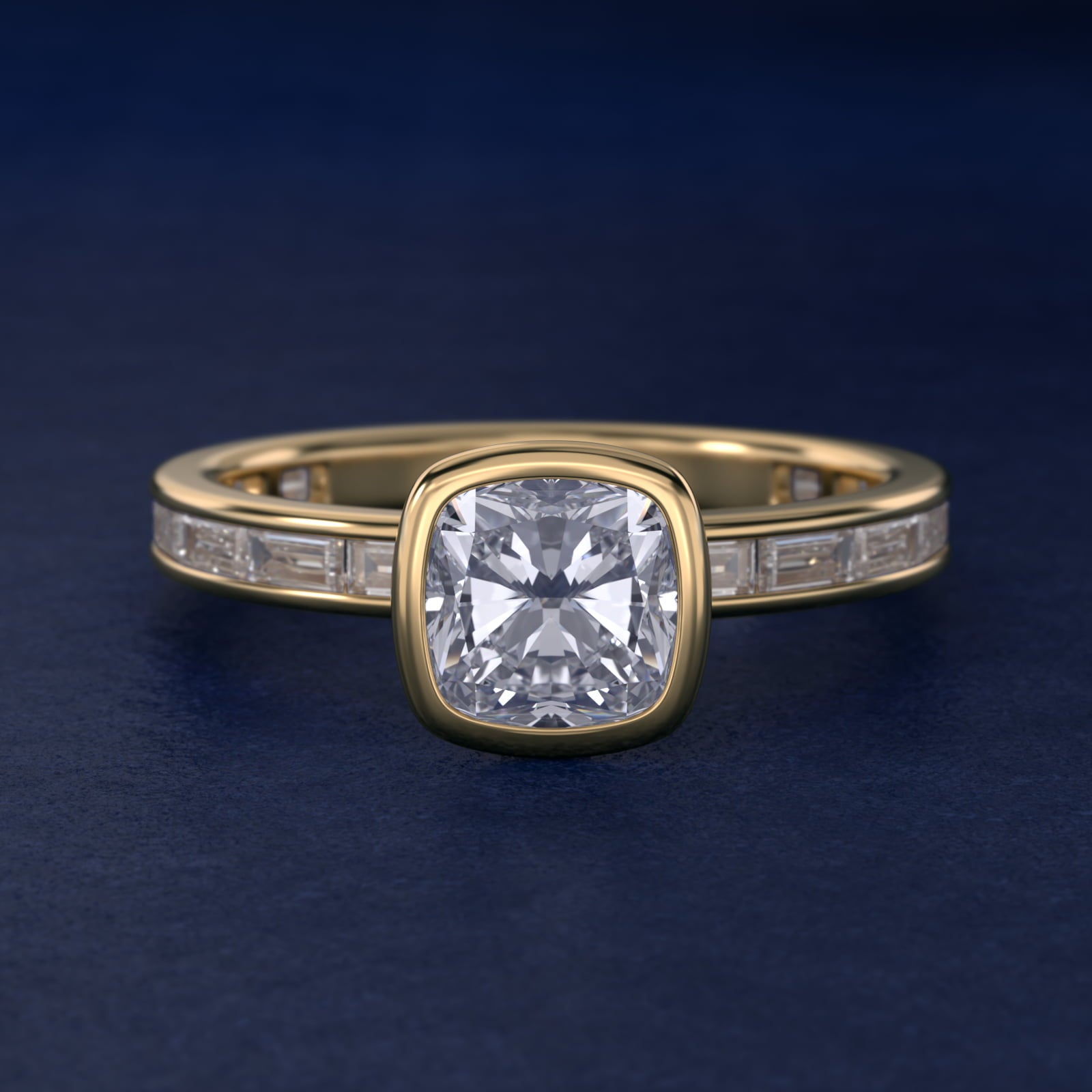 Bezel Engagement Ring with Channel Set Diamond Accent in 14K Yellow Gold - Cushion Center