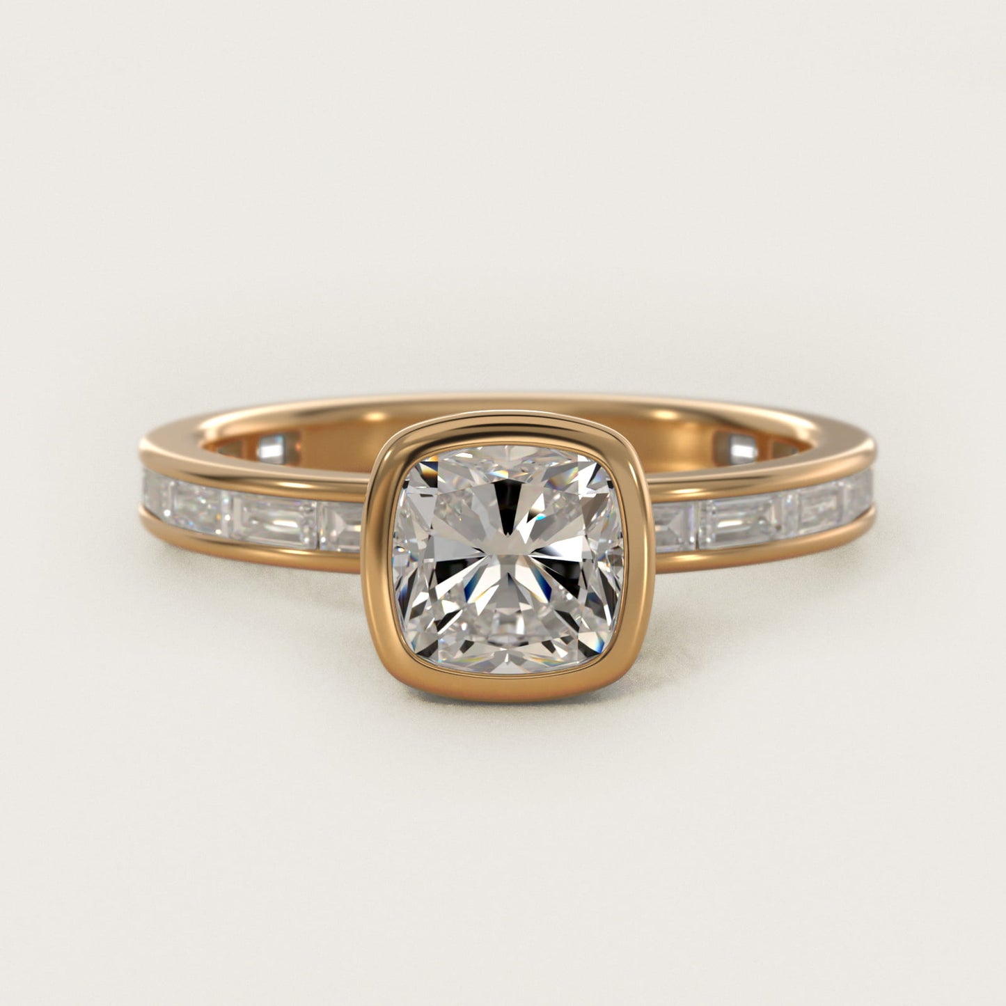 Bezel Engagement Ring with Channel Set Diamond Accent in 18k Yellow Gold - Cushion Center
