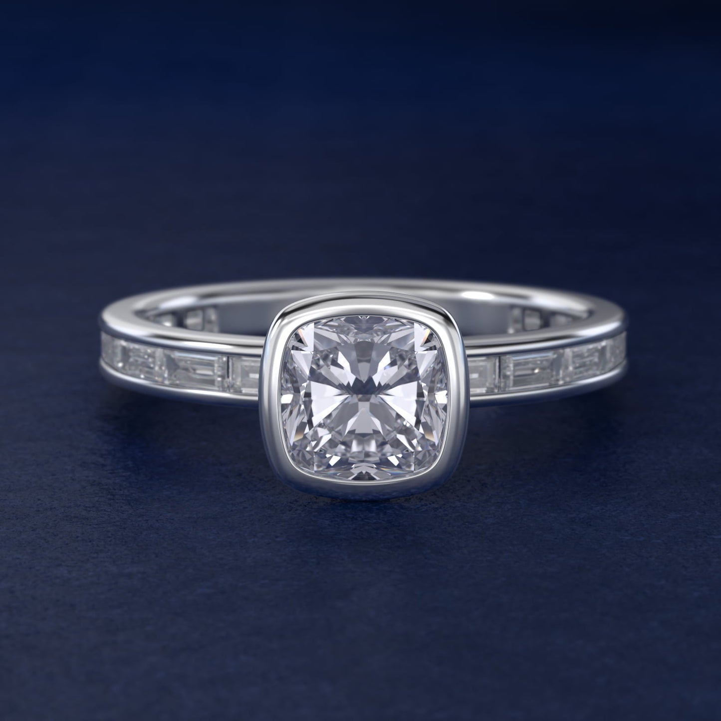 Bezel Engagement Ring with Channel Set Diamond Accent in Platinum - Cushion Center