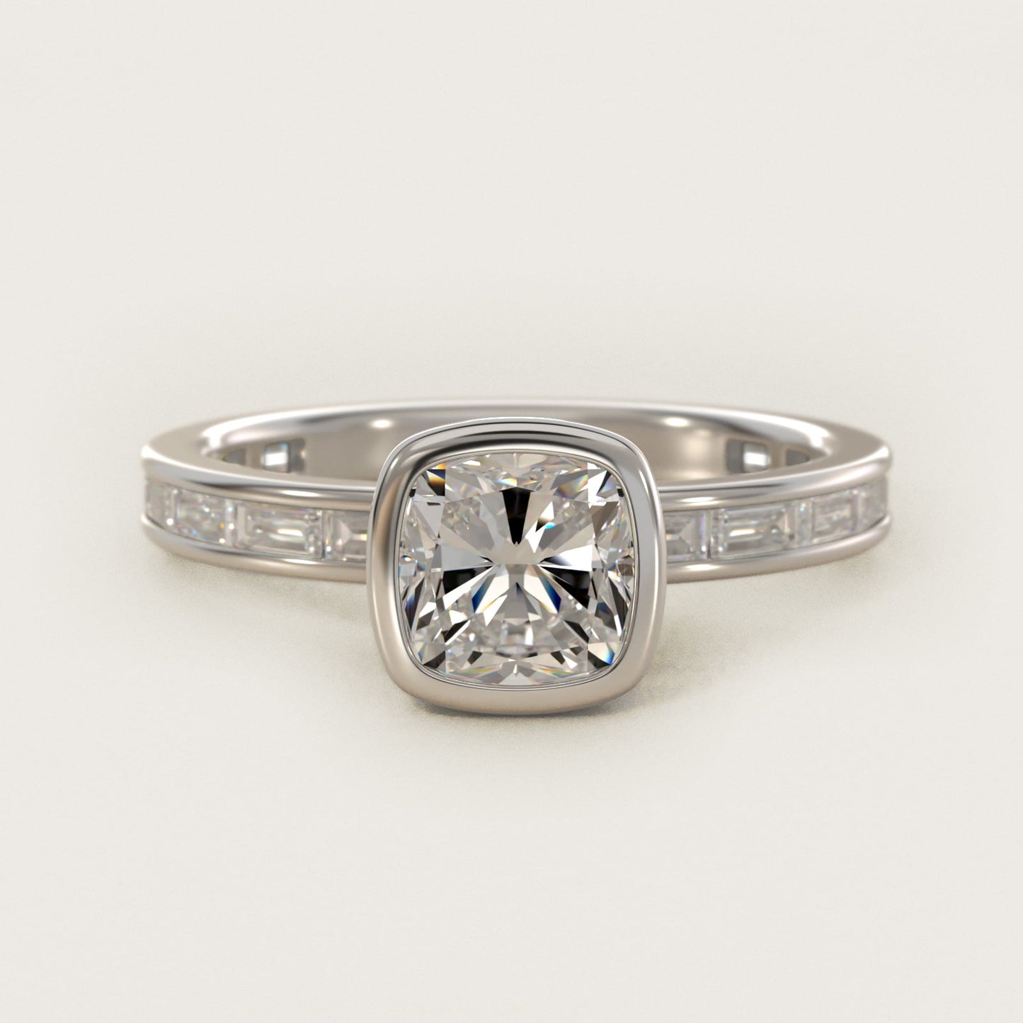 Bezel Engagement Ring with Channel Set Diamond Accent in Platinum - Cushion Center