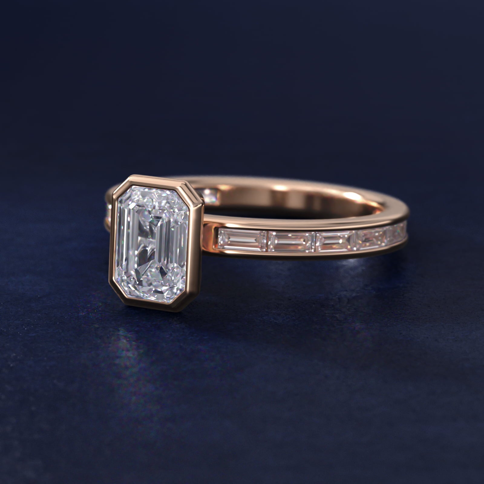 Bezel Engagement Ring with Channel Set Diamond Accent in 14K Rose Gold - Emerald Center