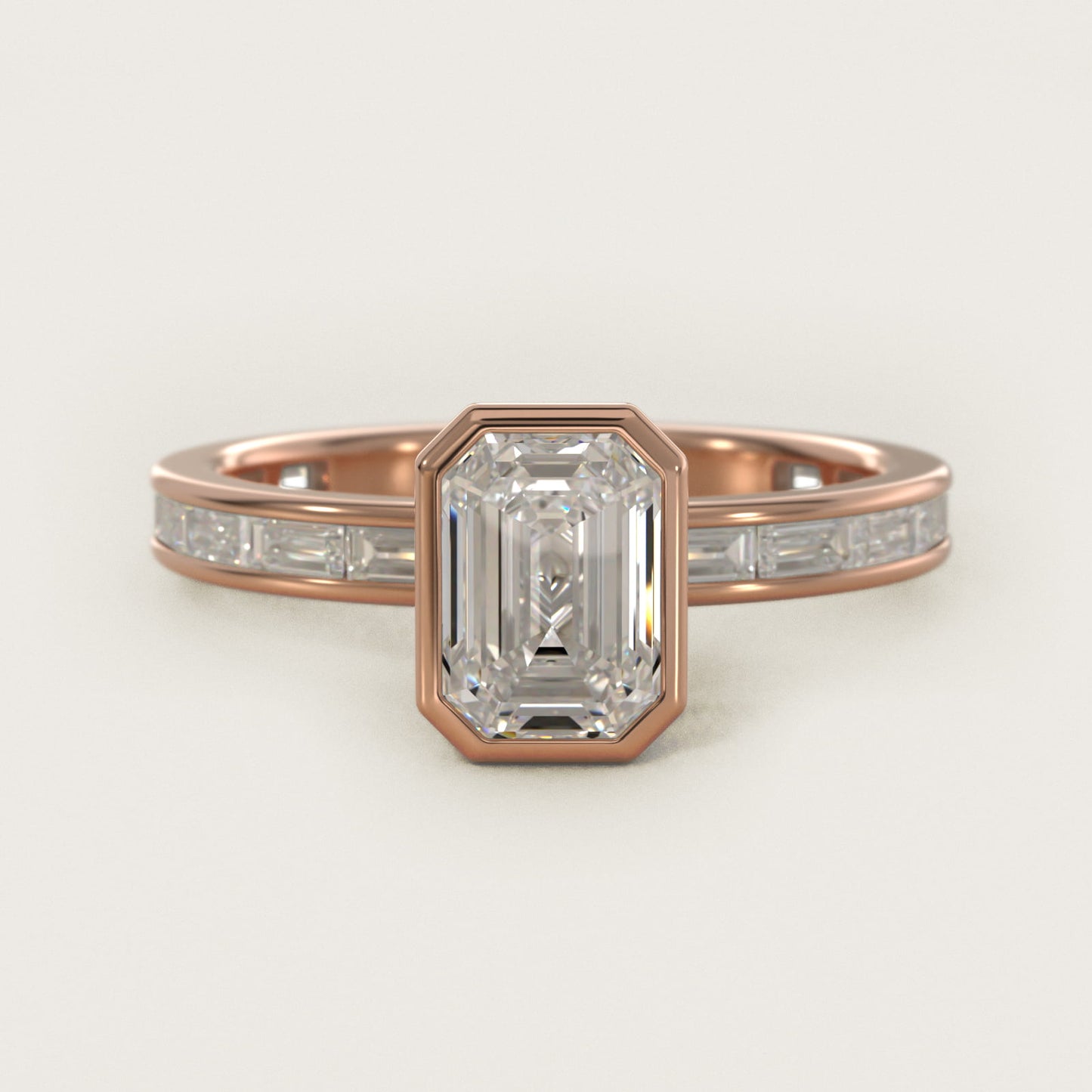 Bezel Engagement Ring with Channel Set Diamond Accent in 18k Rose Gold - Emerald Center