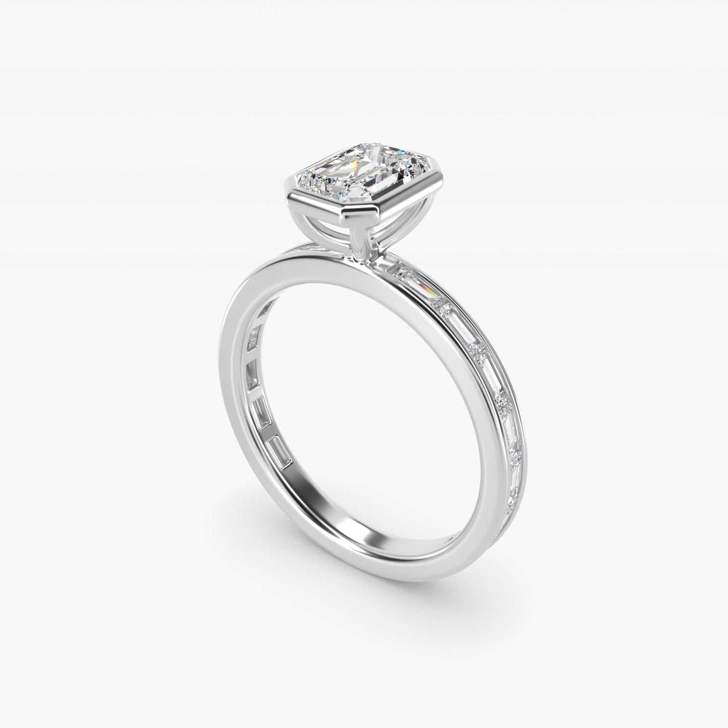 Bezel Engagement Ring with Channel Set Diamond Accent in 18k White Gold - Emerald Center