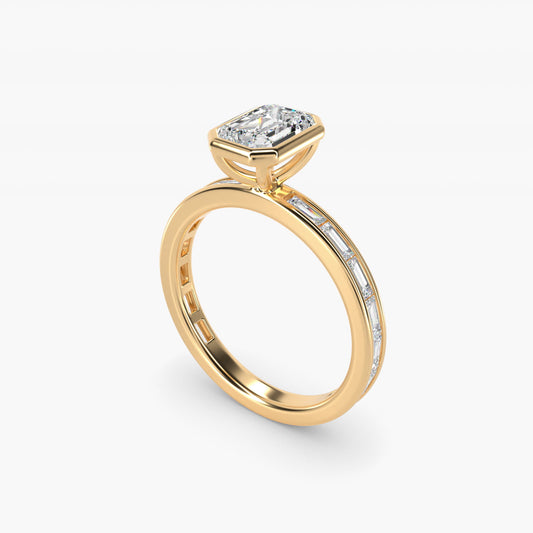 Bezel Engagement Ring with Channel Set Diamond Accent in 14K Yellow Gold - Emerald Center