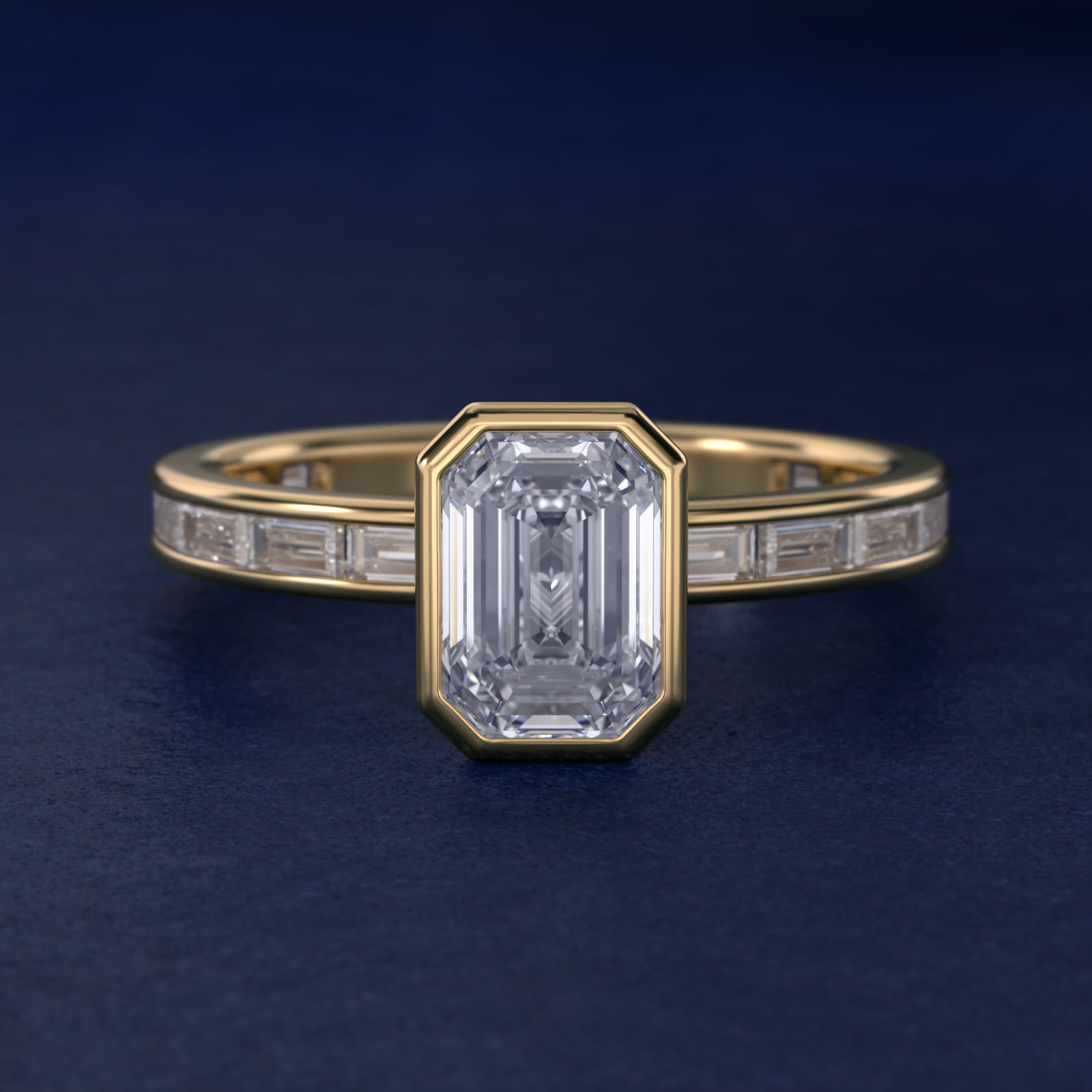 Bezel Engagement Ring with Channel Set Diamond Accent in 14K Yellow Gold - Emerald Center