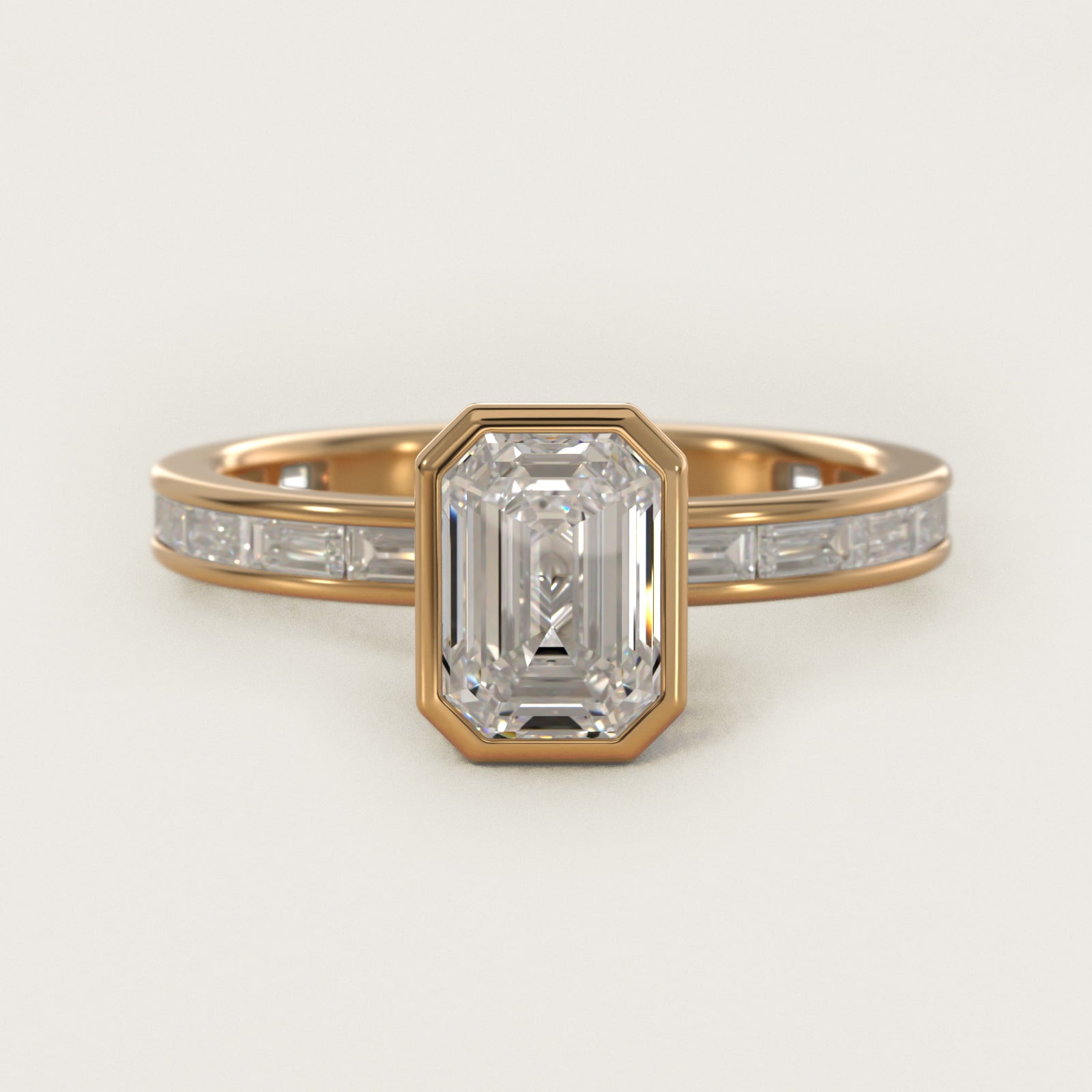 Bezel Engagement Ring with Channel Set Diamond Accent in 14K Yellow Gold - Emerald Center