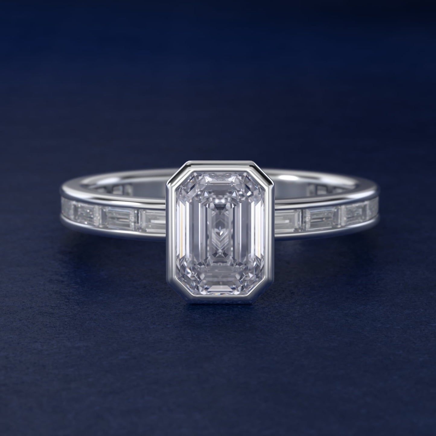 Bezel Engagement Ring with Channel Set Diamond Accent in Platinum - Emerald Center