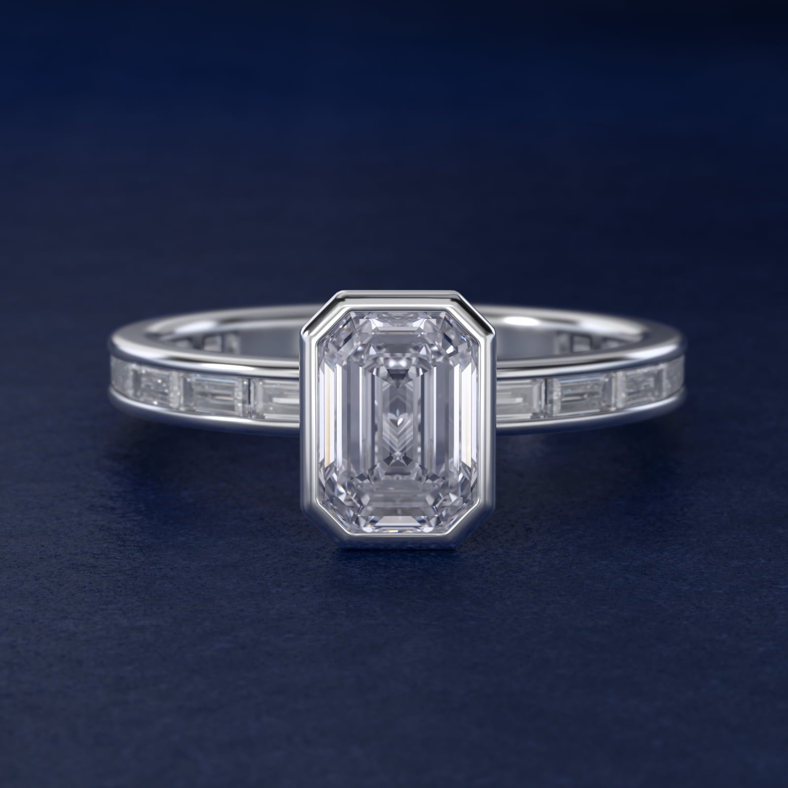 Bezel Engagement Ring with Channel Set Diamond Accent in Platinum - Emerald Center