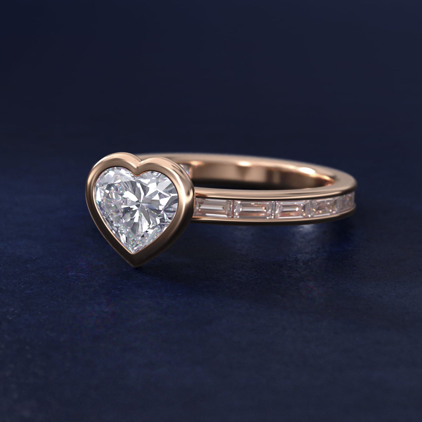 Bezel Engagement Ring with Channel Set Diamond Accent in 14K Rose Gold - Heart Center