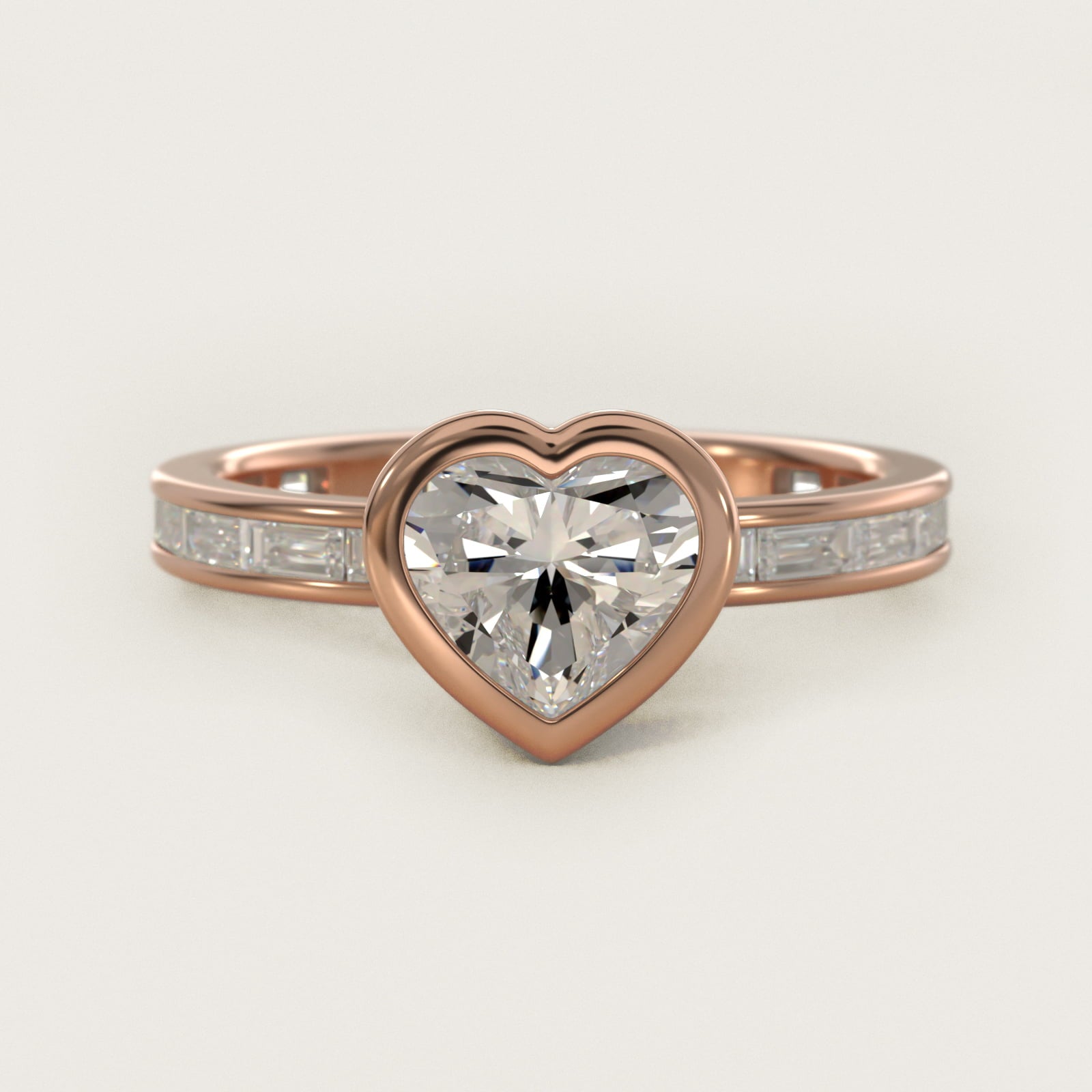 Bezel Engagement Ring with Channel Set Diamond Accent in 14K Rose Gold - Heart Center