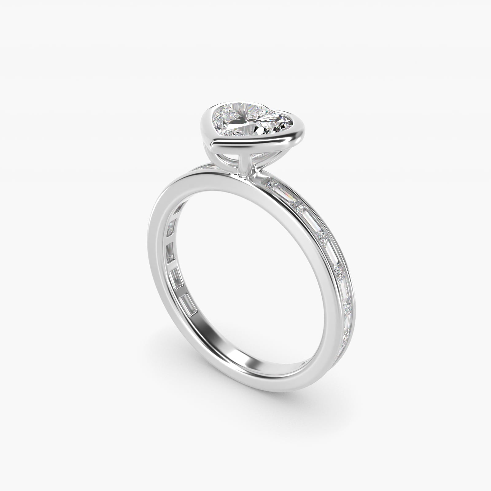Bezel Engagement Ring with Channel Set Diamond Accent in 18k White Gold - Heart Center