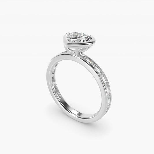 Bezel Engagement Ring with Channel Set Diamond Accent in 18k White Gold - Heart Center