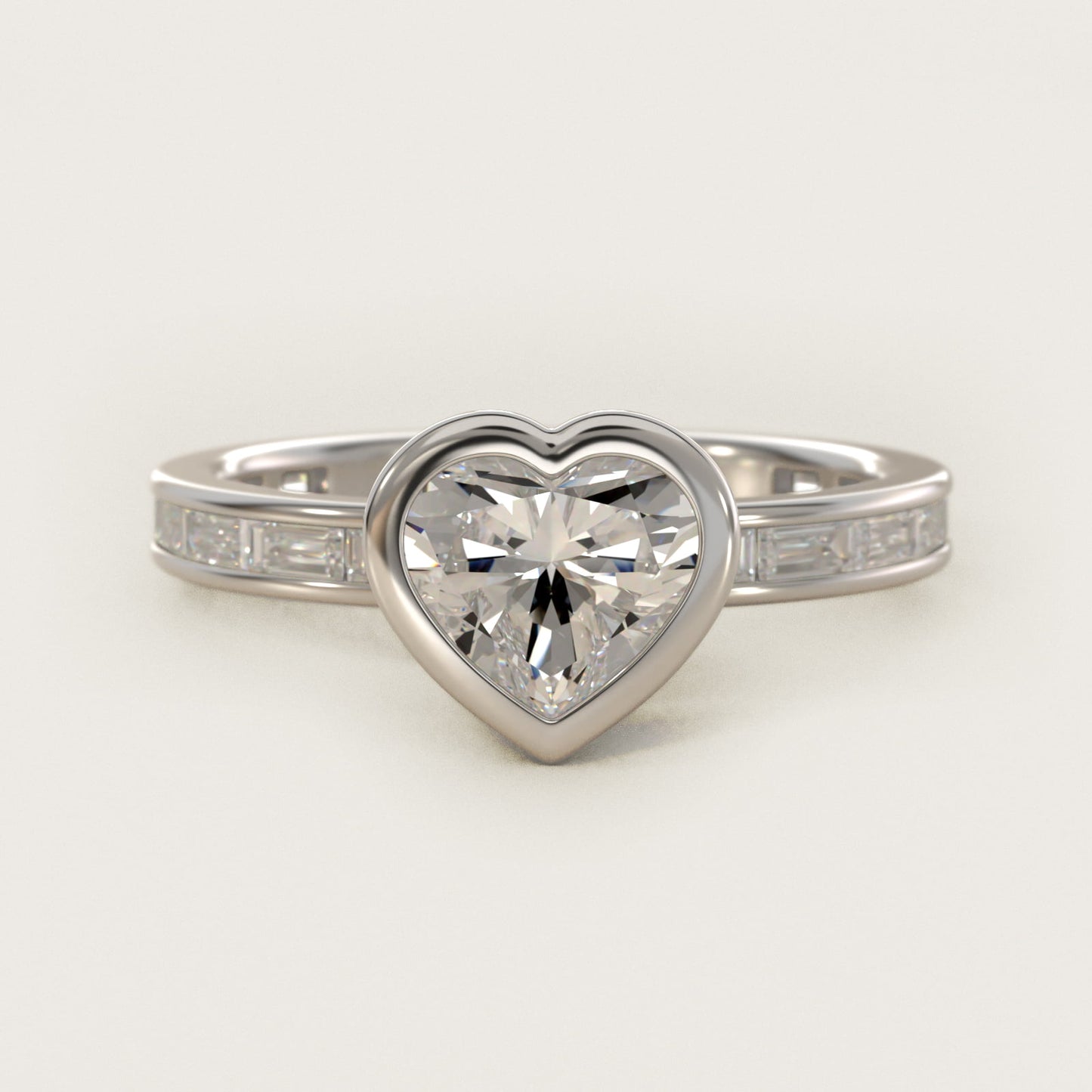 Bezel Engagement Ring with Channel Set Diamond Accent in 14K White Gold - Heart Center