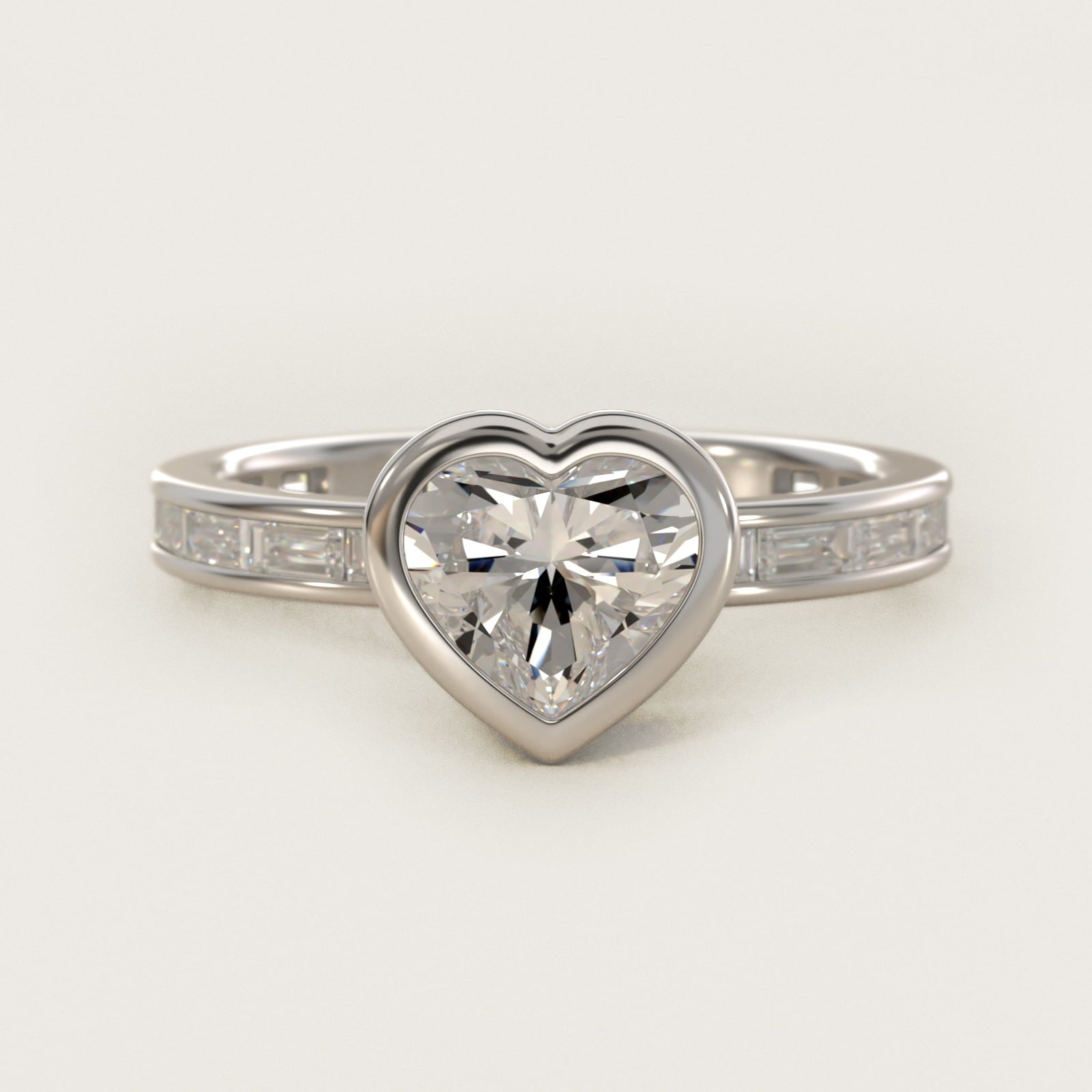 Bezel Engagement Ring with Channel Set Diamond Accent in 14K White Gold - Heart Center