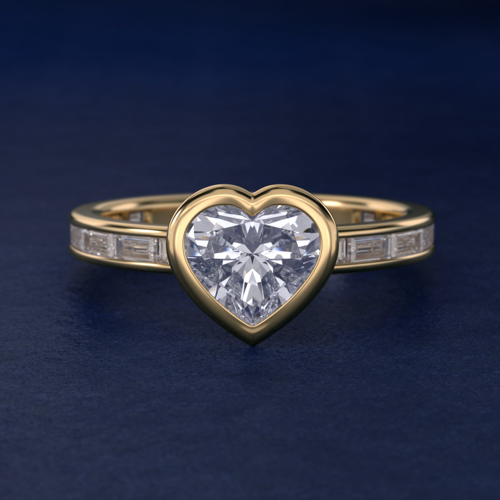 Bezel Engagement Ring with Channel Set Diamond Accent in 18k Yellow Gold - Heart Center