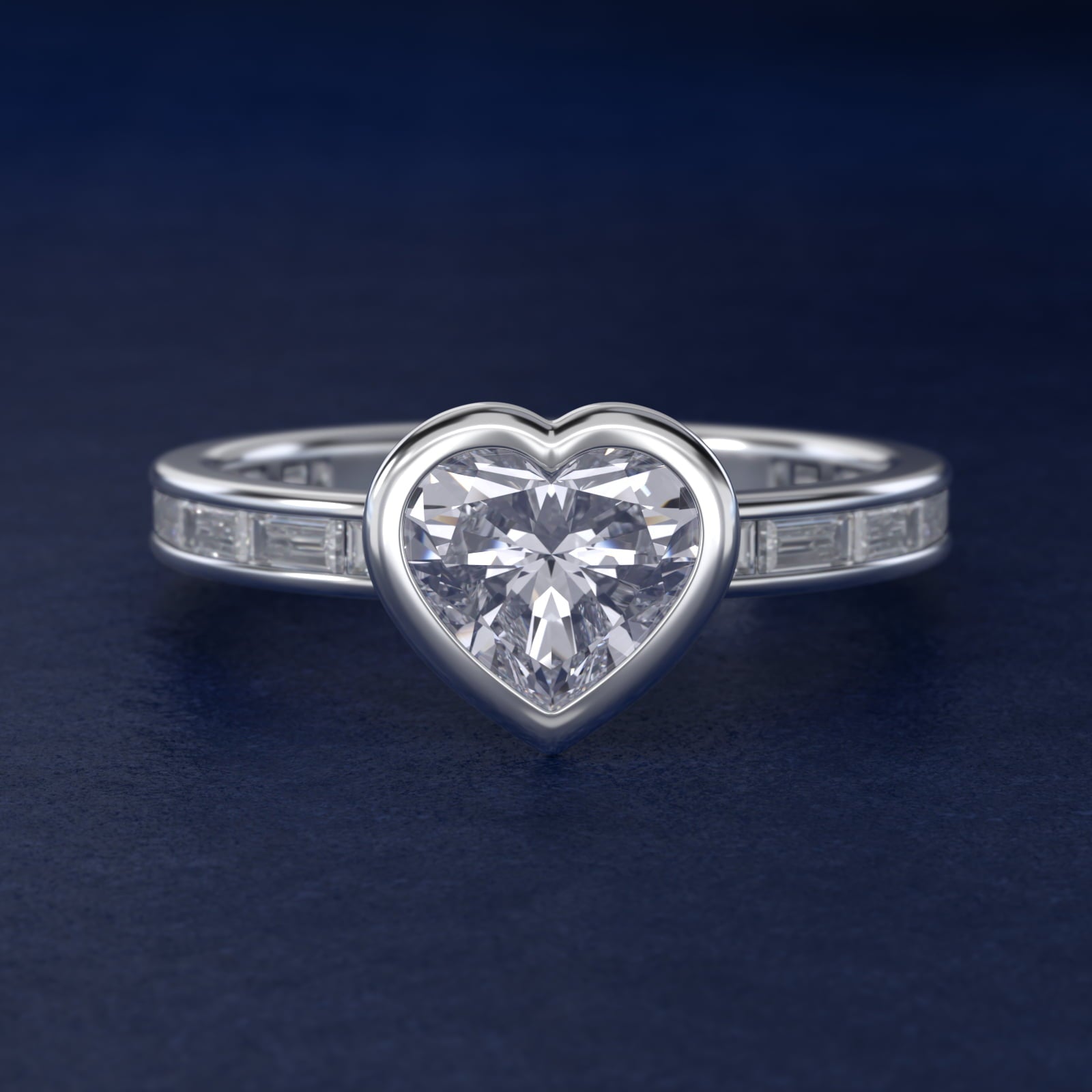 Bezel Engagement Ring with Channel Set Diamond Accent in Platinum - Heart Center