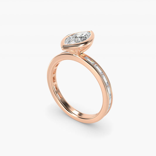 Bezel Engagement Ring with Channel Set Diamond Accent in 14K Rose Gold - Marquise Center