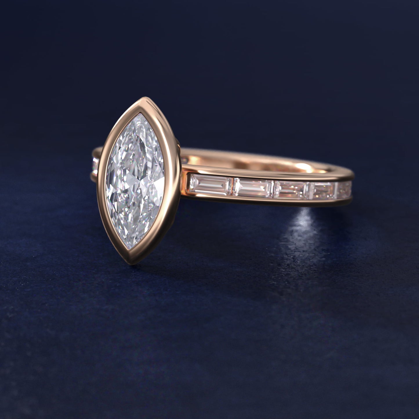 Bezel Engagement Ring with Channel Set Diamond Accent in 18k Rose Gold - Marquise Center