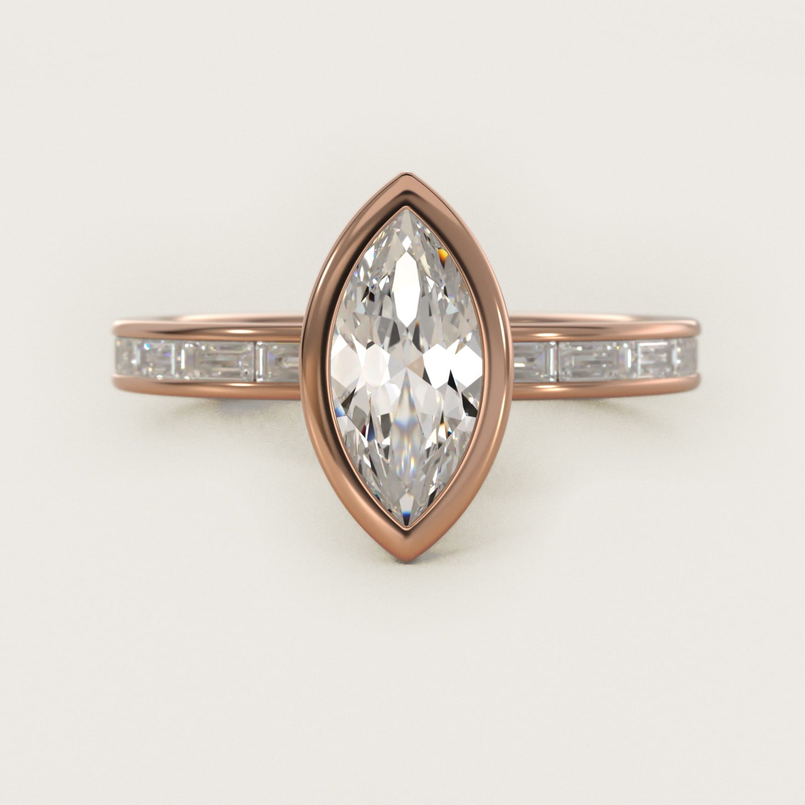 Bezel Engagement Ring with Channel Set Diamond Accent in 14K Rose Gold - Marquise Center