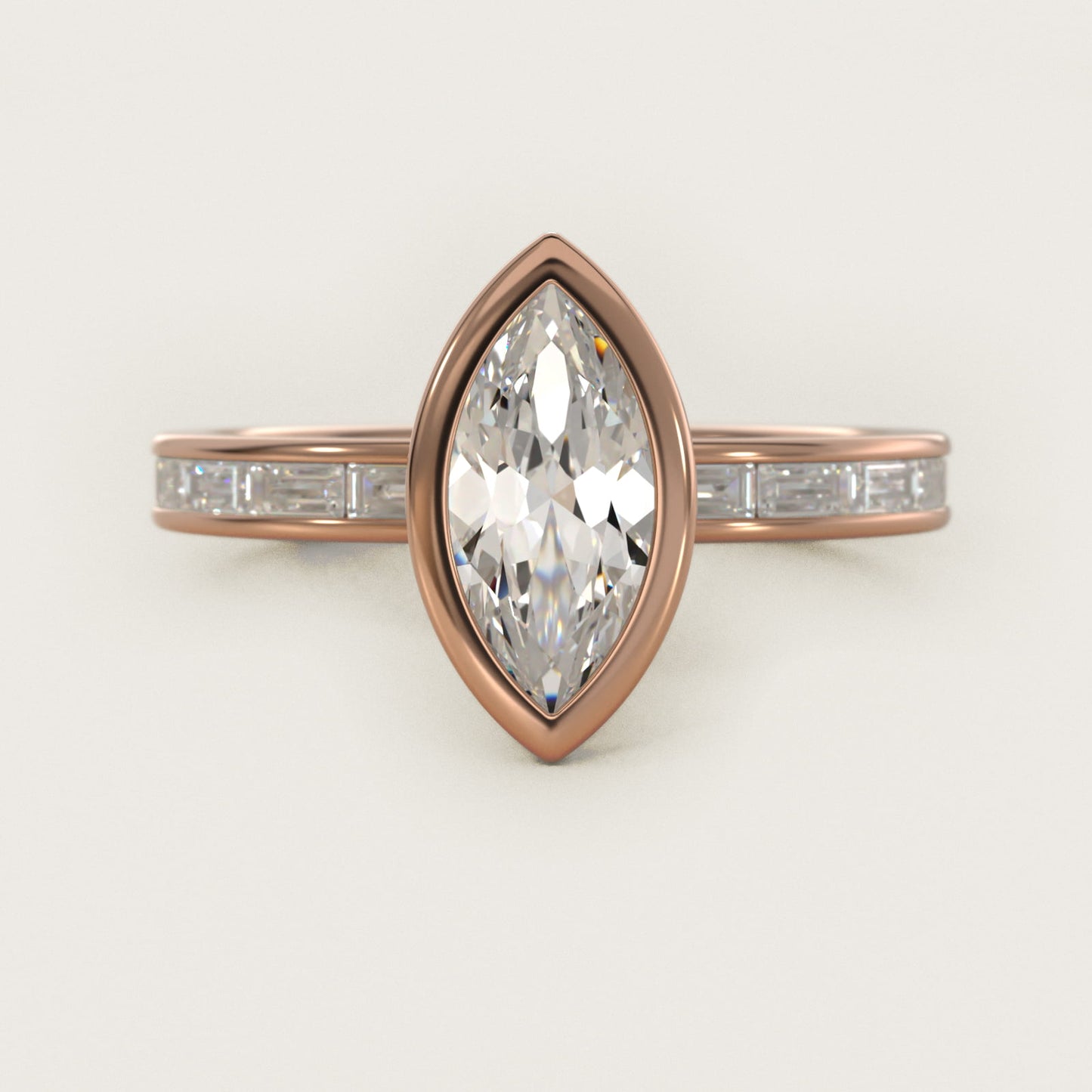 Bezel Engagement Ring with Channel Set Diamond Accent in 18k Rose Gold - Marquise Center