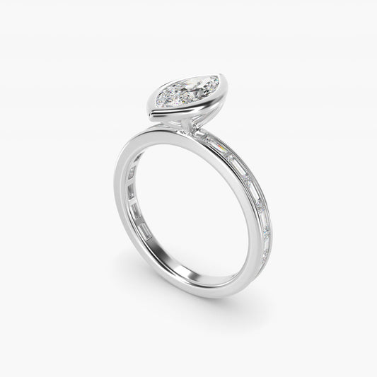 Bezel Engagement Ring with Channel Set Diamond Accent in 18k White Gold - Marquise Center