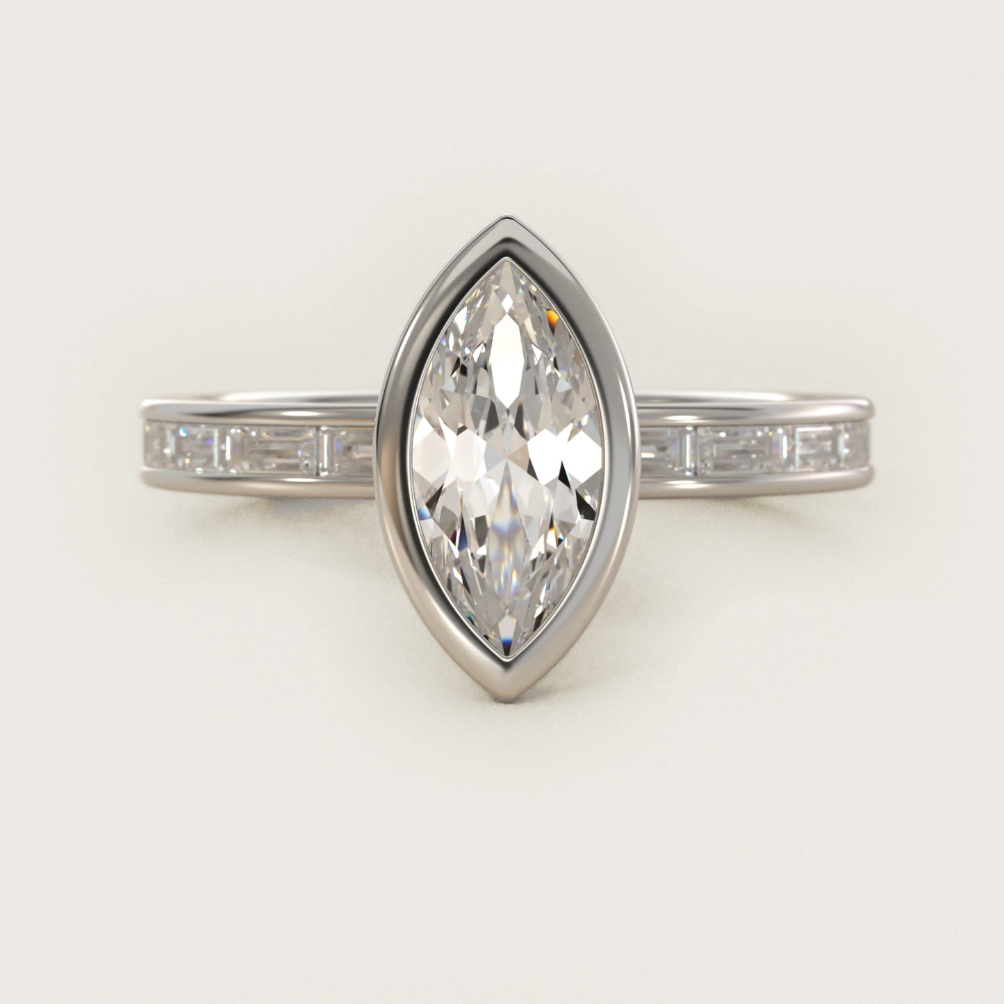 Bezel Engagement Ring with Channel Set Diamond Accent in 14K White Gold - Marquise Center
