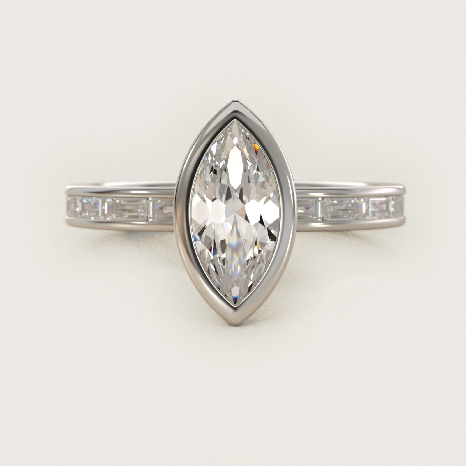 Bezel Engagement Ring with Channel Set Diamond Accent in 14K White Gold - Marquise Center