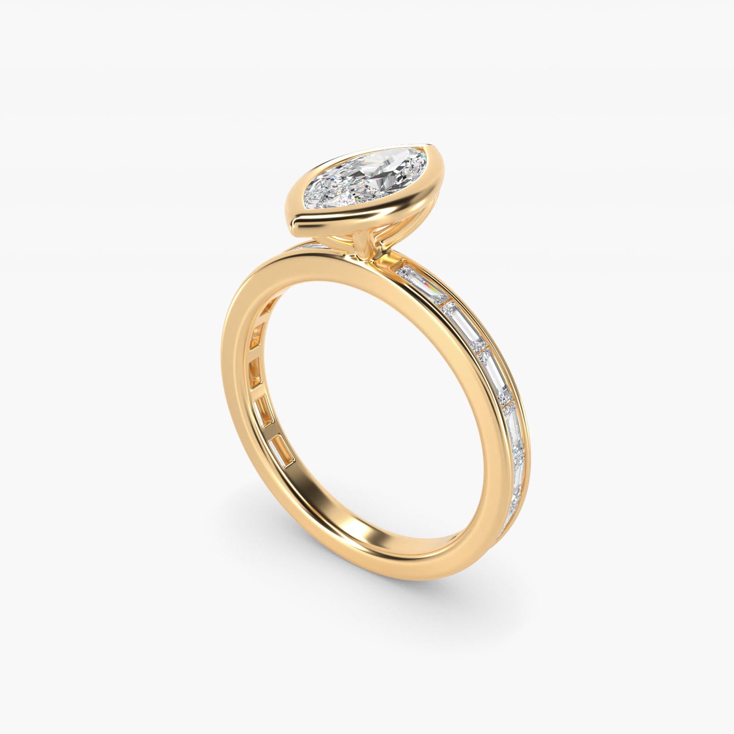 Bezel Engagement Ring with Channel Set Diamond Accent in 18k Yellow Gold - Marquise Center