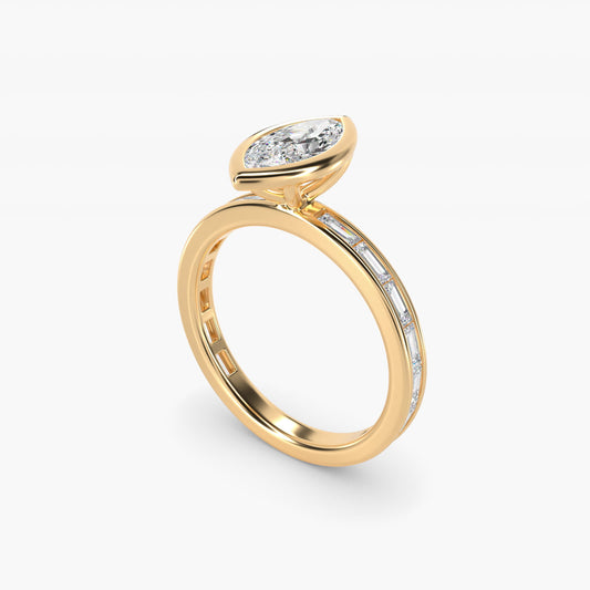 Bezel Engagement Ring with Channel Set Diamond Accent in 18k Yellow Gold - Marquise Center