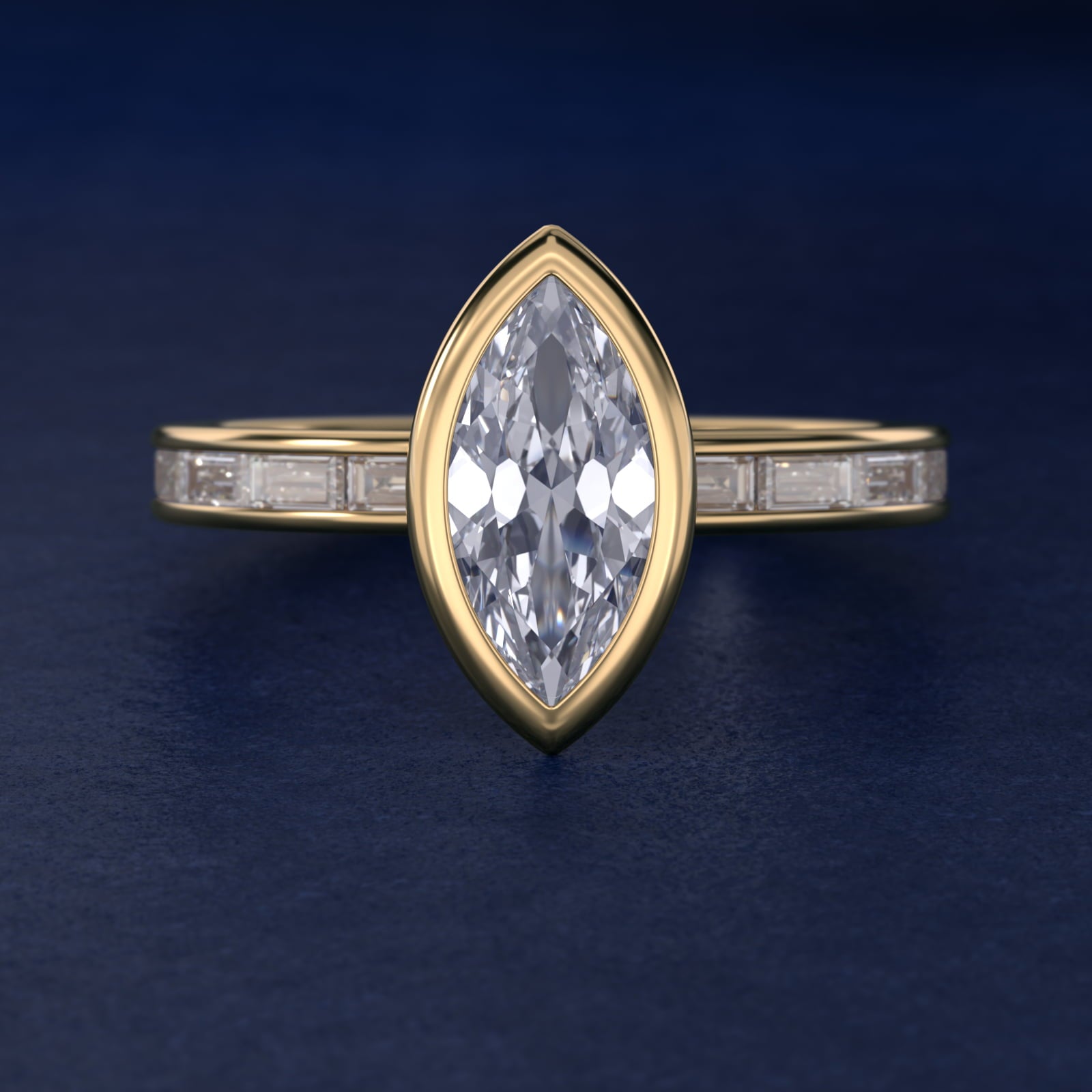 Bezel Engagement Ring with Channel Set Diamond Accent in 14K Yellow Gold - Marquise Center