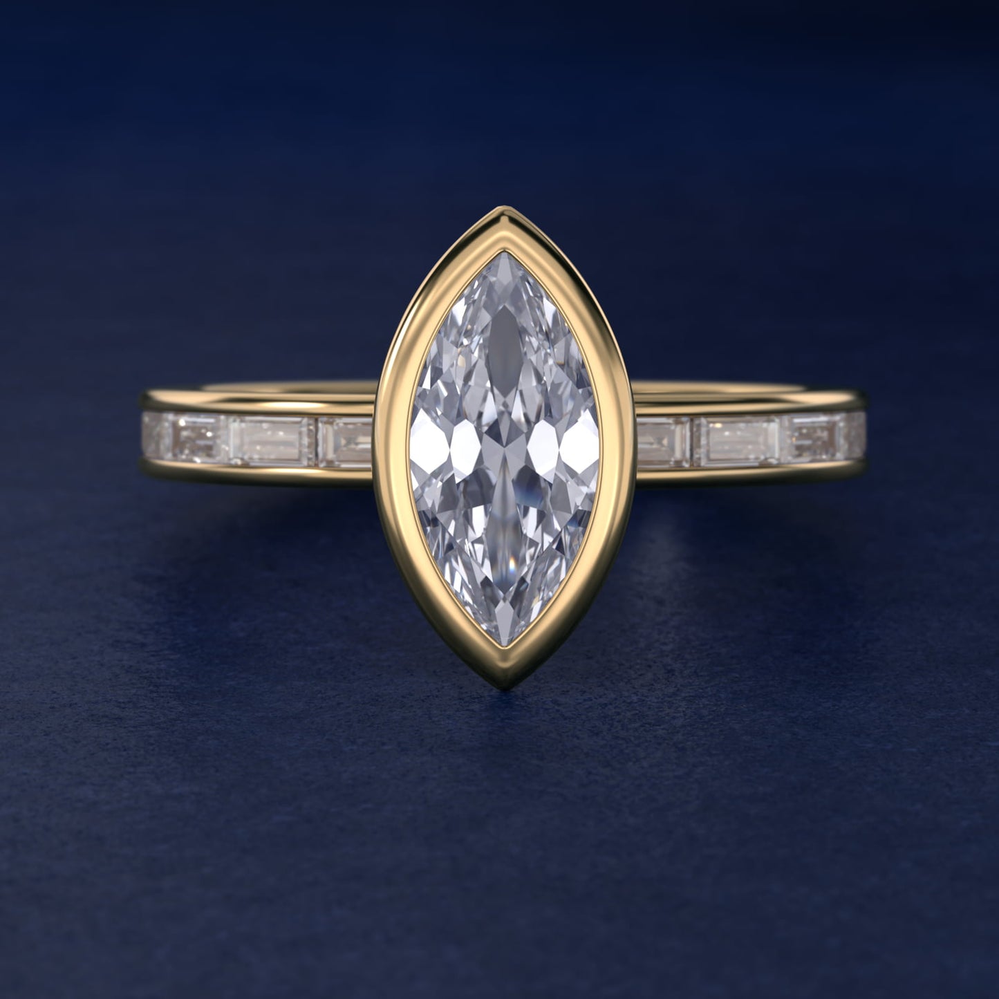 Bezel Engagement Ring with Channel Set Diamond Accent in 18k Yellow Gold - Marquise Center