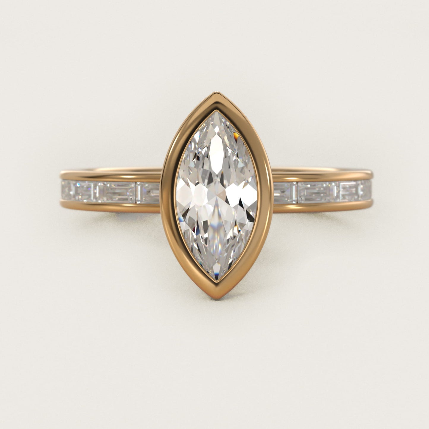 Bezel Engagement Ring with Channel Set Diamond Accent in 14K Yellow Gold - Marquise Center
