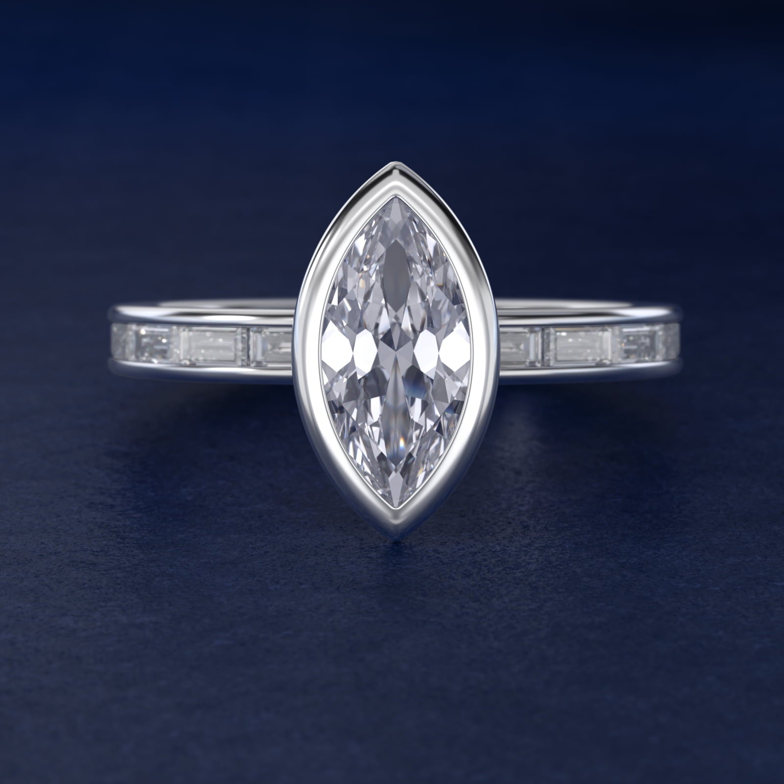 Bezel Engagement Ring with Channel Set Diamond Accent in Platinum - Marquise Center