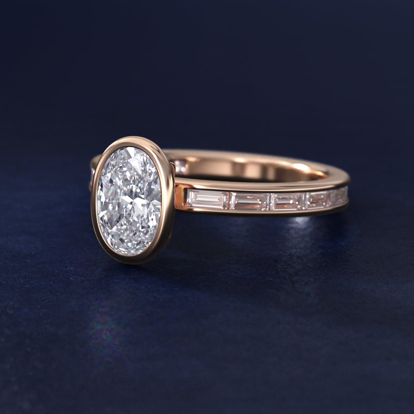 Bezel Engagement Ring with Channel Set Diamond Accent in 18k Rose Gold - Oval Center