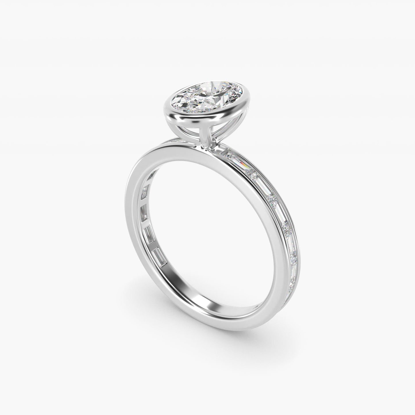 Bezel Engagement Ring with Channel Set Diamond Accent in 14K White Gold - Oval Center