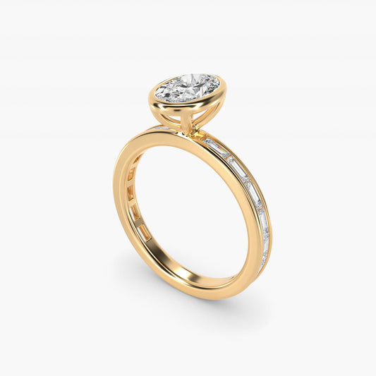 Bezel Engagement Ring with Channel Set Diamond Accent in 18k Yellow Gold - Oval Center