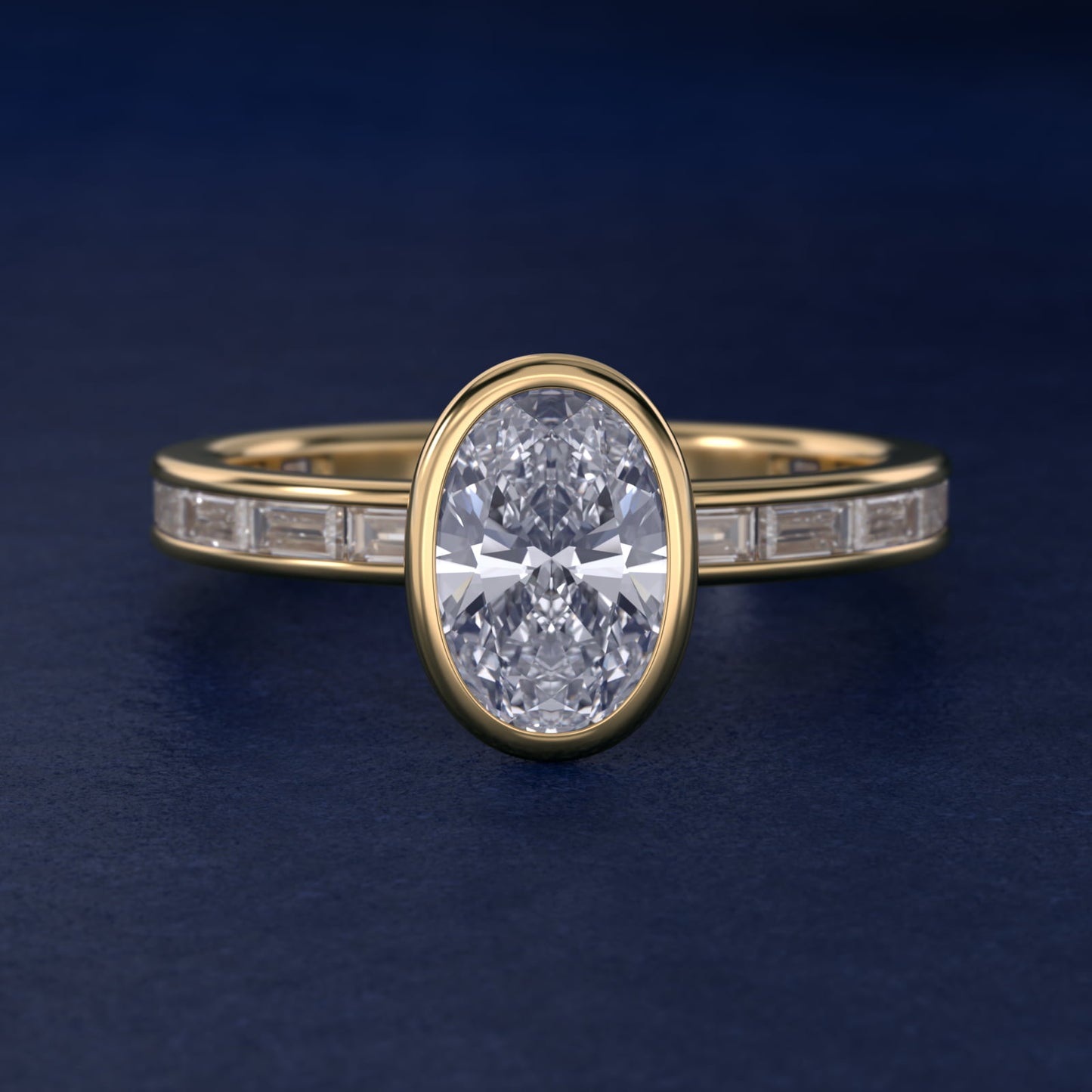 Bezel Engagement Ring with Channel Set Diamond Accent in 14K Yellow Gold - Oval Center