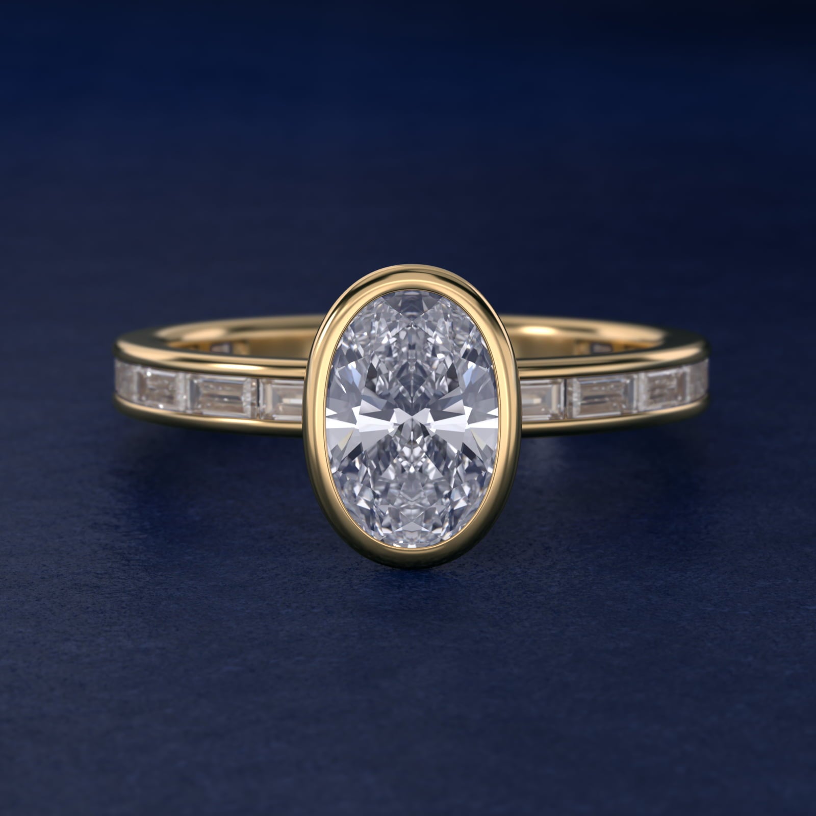 Bezel Engagement Ring with Channel Set Diamond Accent in 14K Yellow Gold - Oval Center