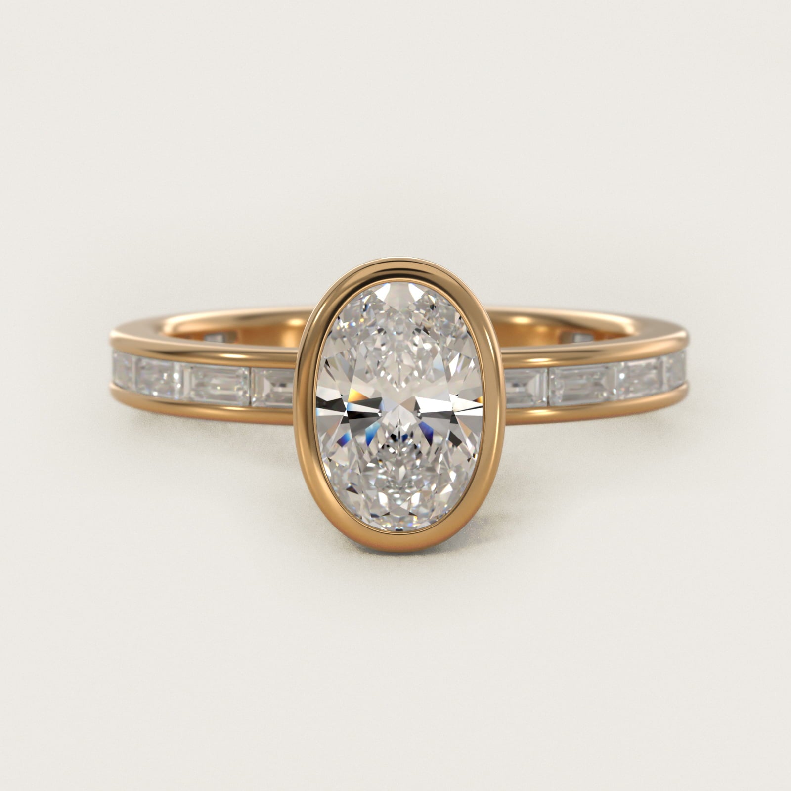 Bezel Engagement Ring with Channel Set Diamond Accent in 18k Yellow Gold - Oval Center