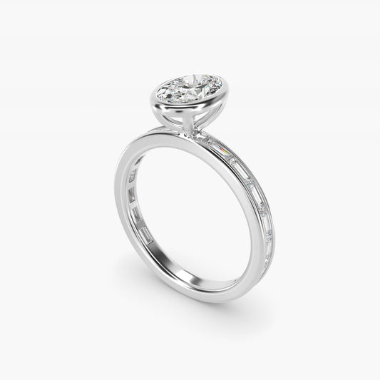 Bezel Engagement Ring with Channel Set Diamond Accent in Platinum - Oval Center