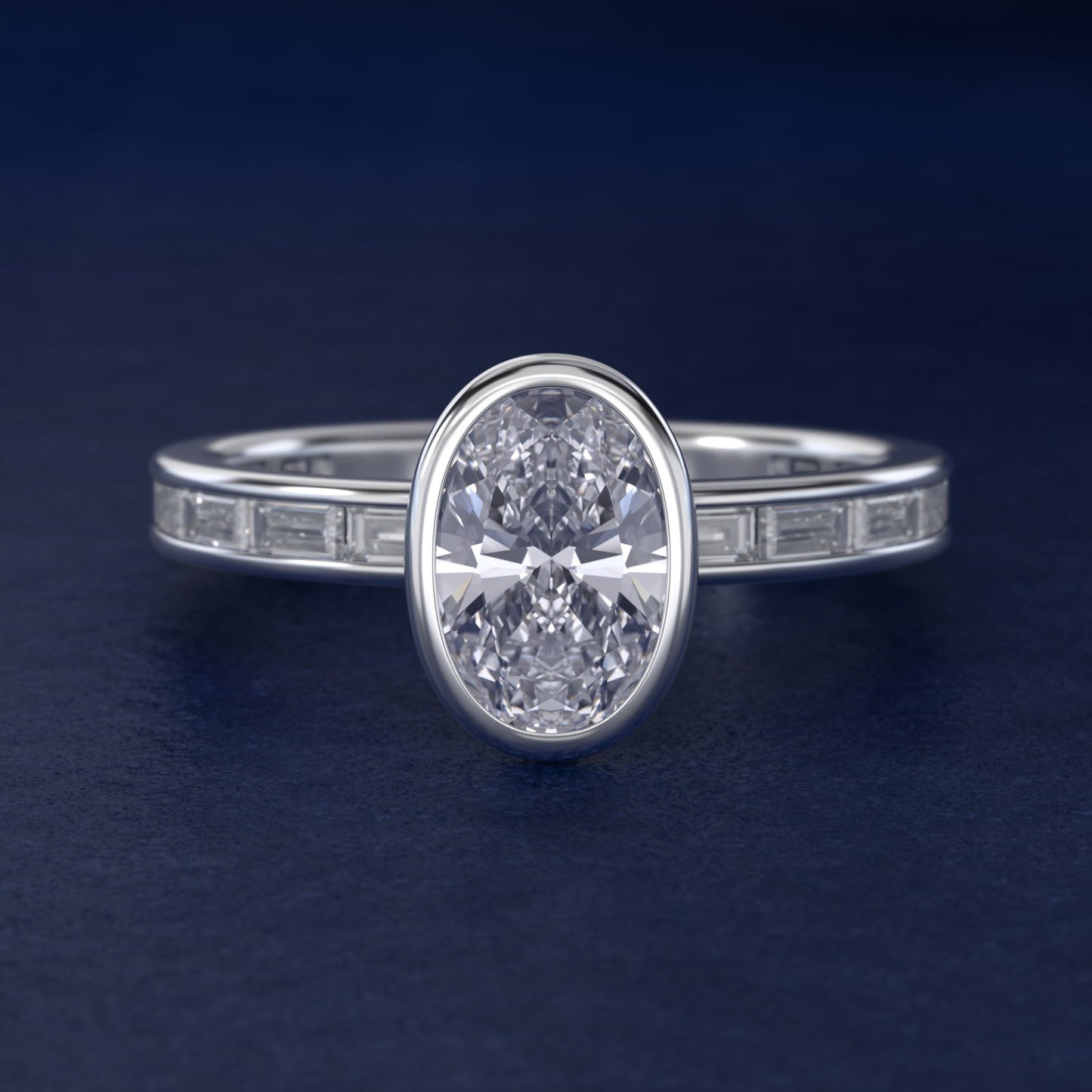 Bezel Engagement Ring with Channel Set Diamond Accent in Platinum - Oval Center