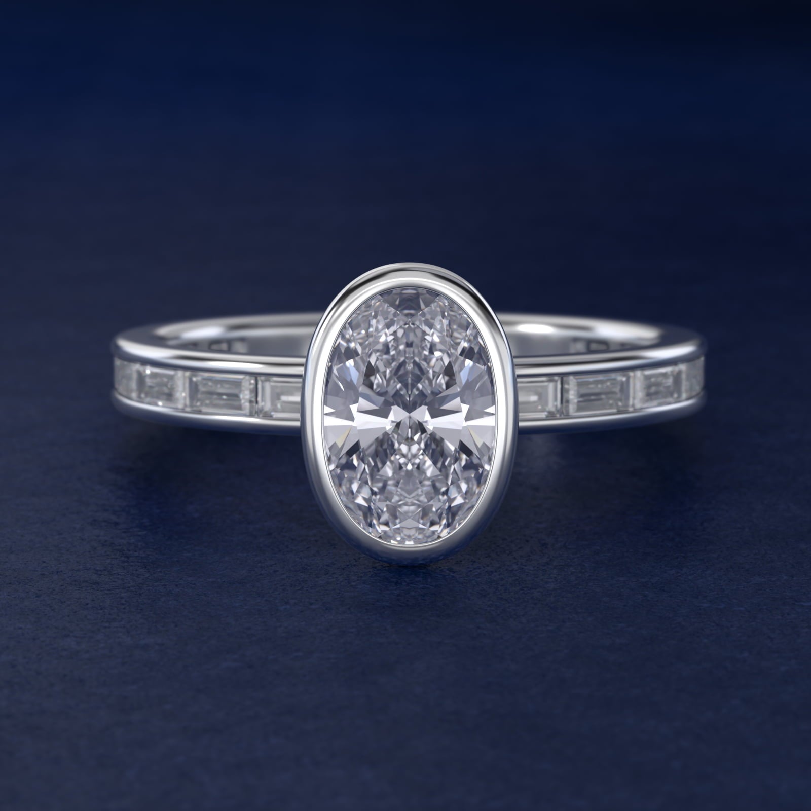 Bezel Engagement Ring with Channel Set Diamond Accent in Platinum - Oval Center