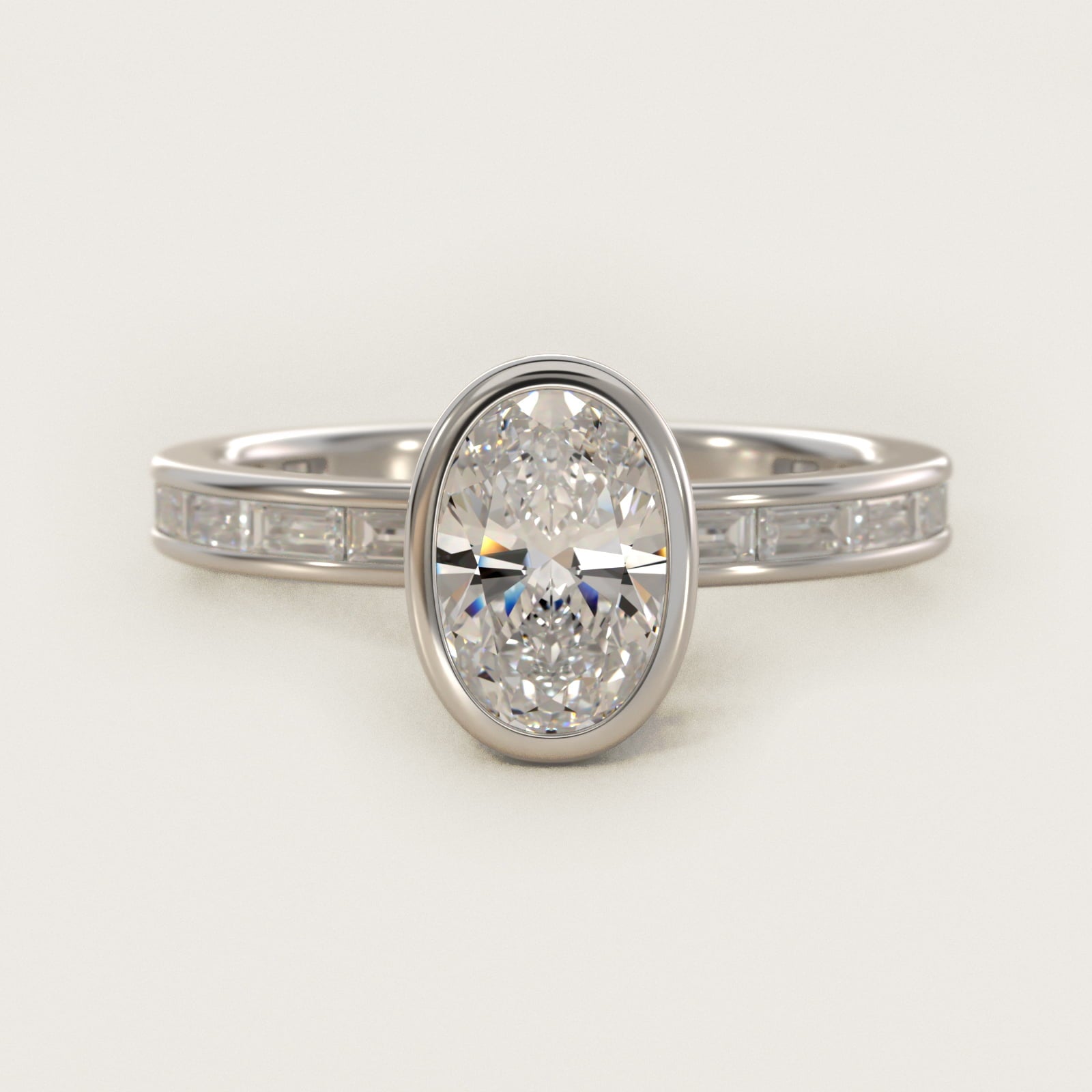 Bezel Engagement Ring with Channel Set Diamond Accent in Platinum - Oval Center