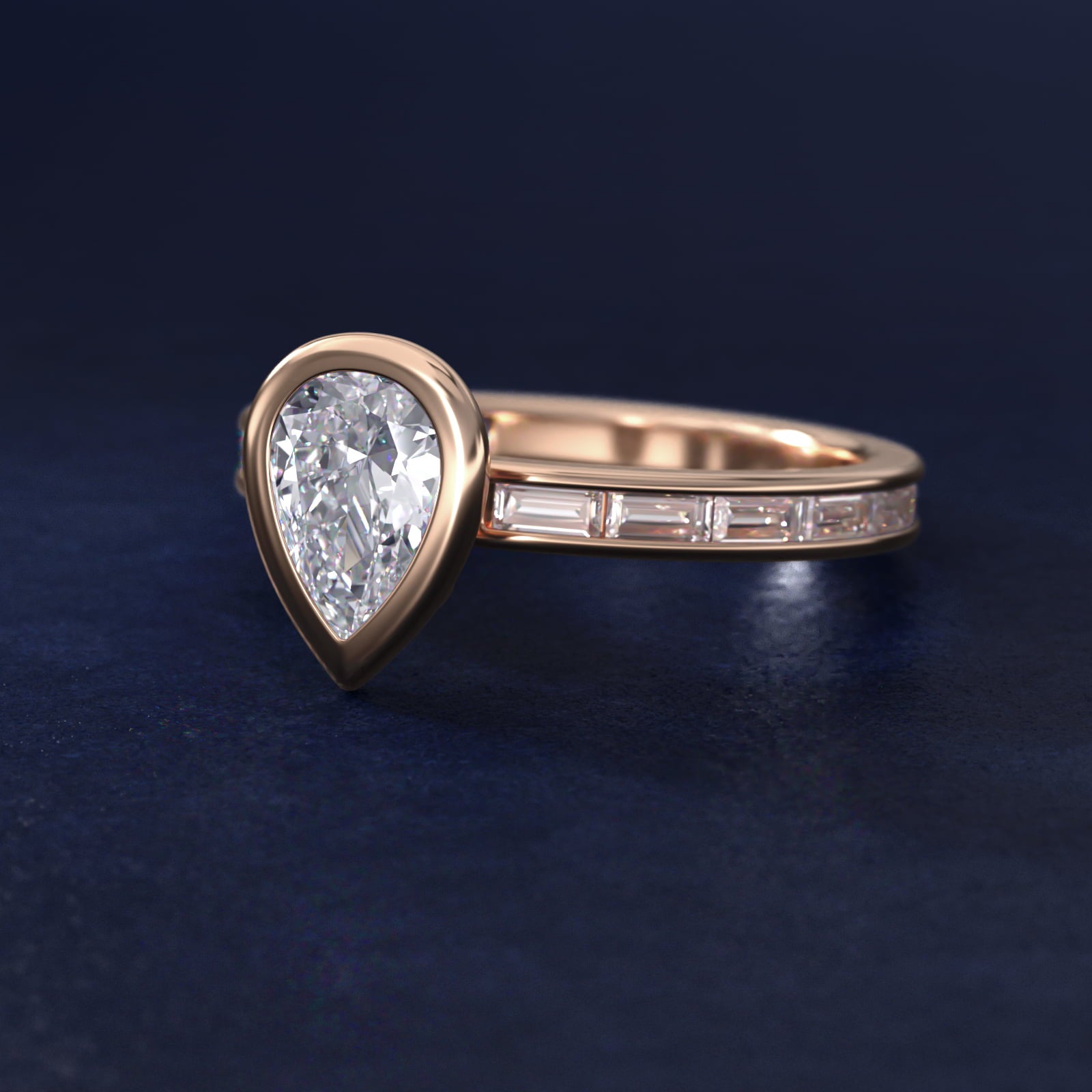 Bezel Engagement Ring with Channel Set Diamond Accent in 14K Rose Gold - Pear Center