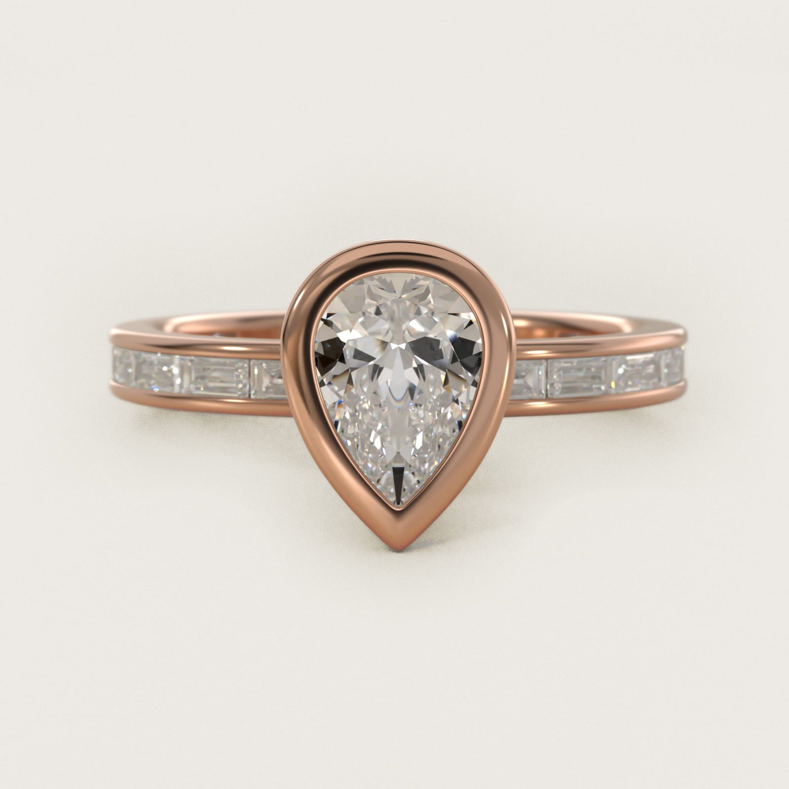 Bezel Engagement Ring with Channel Set Diamond Accent in 14K Rose Gold - Pear Center