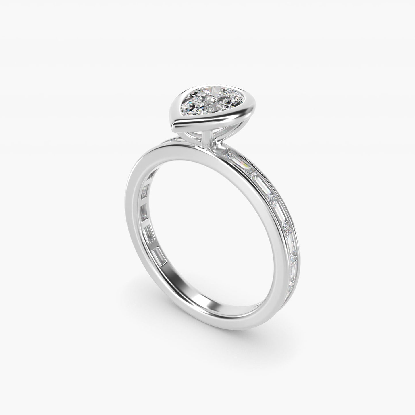 Bezel Engagement Ring with Channel Set Diamond Accent in 18k White Gold - Pear Center