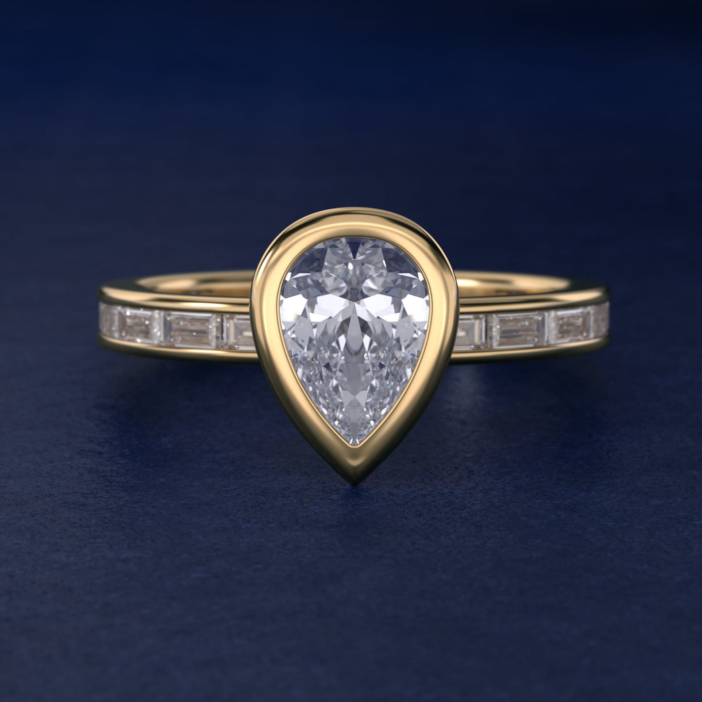 Bezel Engagement Ring with Channel Set Diamond Accent in 14K Yellow Gold - Pear Center