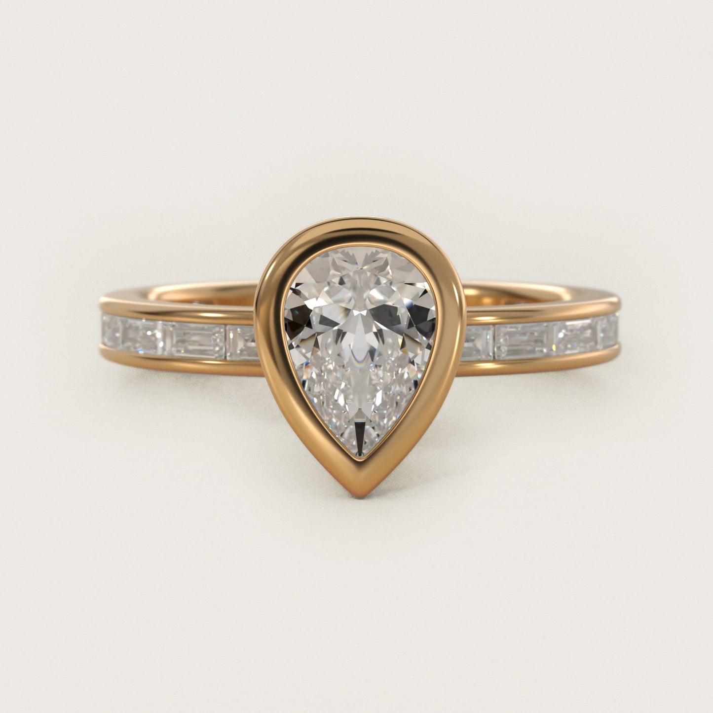 Bezel Engagement Ring with Channel Set Diamond Accent in 18k Yellow Gold - Pear Center